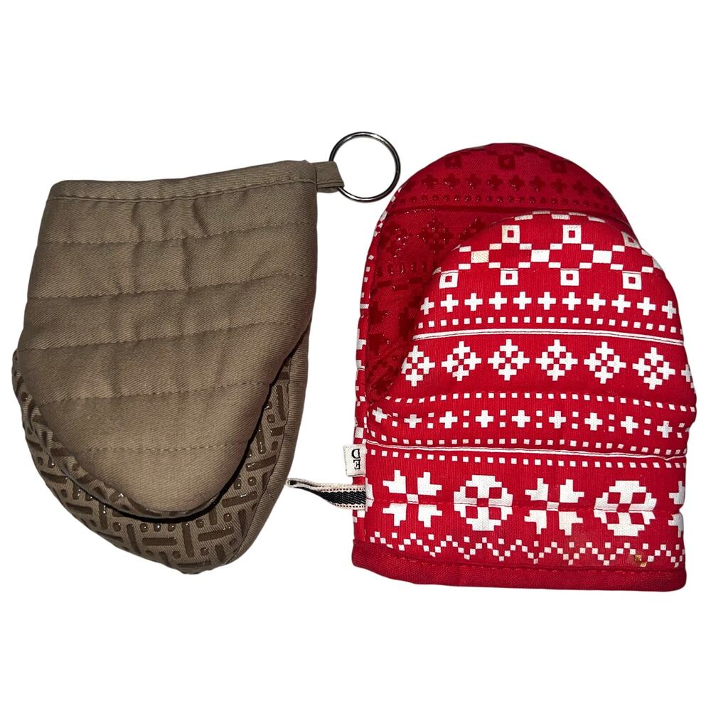 Mini Oven Mitts Set Silicone Grips Red/Beige Teflon/ED Brand